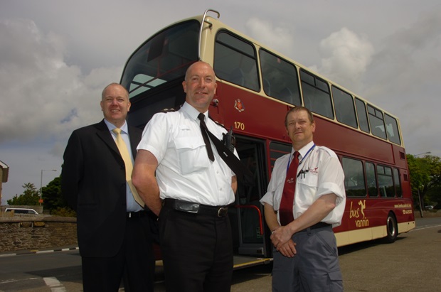 Bus Vannin Head of Operations David Kinrade, Inspector Ken Kneale of the Douglas Community Safety Partnership and bus driver Paul Sale